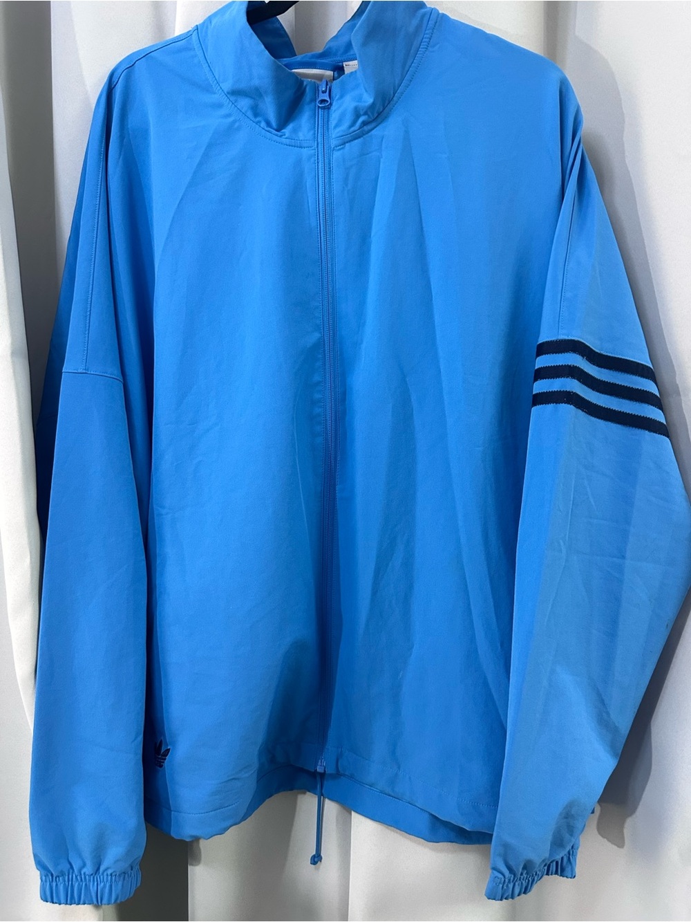 adidas Sky Blue Zip-Up Windbreaker with Navy Sleeve Stripes